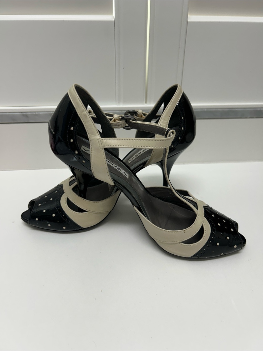 Via Spiga Black and Cream Peep-Toe Strappy Heels